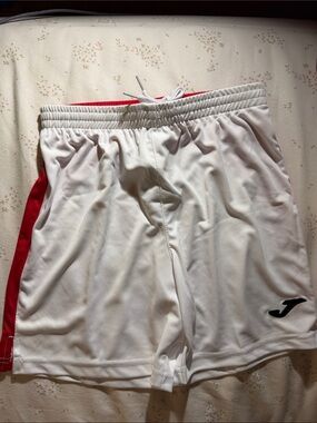 Kids White Athletic Soccer Shorts with Red Side Stripe